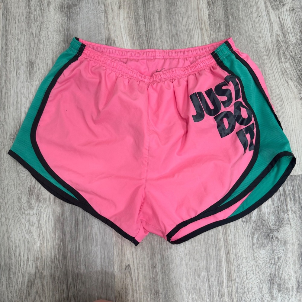 Nike Dri-FIT Womens Pink Green Just Do It Running Shorts Size Medium